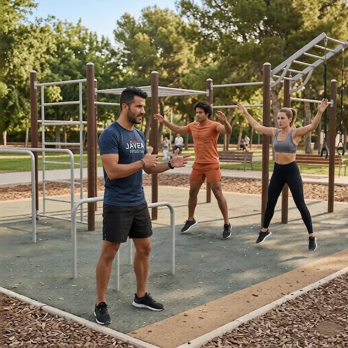 entrenamiento por parejas en un parque de barras de Javea